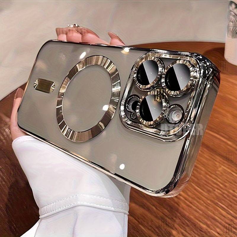 Magnetic iPhone Case with Electroplated Finish – Clear TPU Shockproof Cover with Wireless Charging & Lens Film Protector for iPhone Models