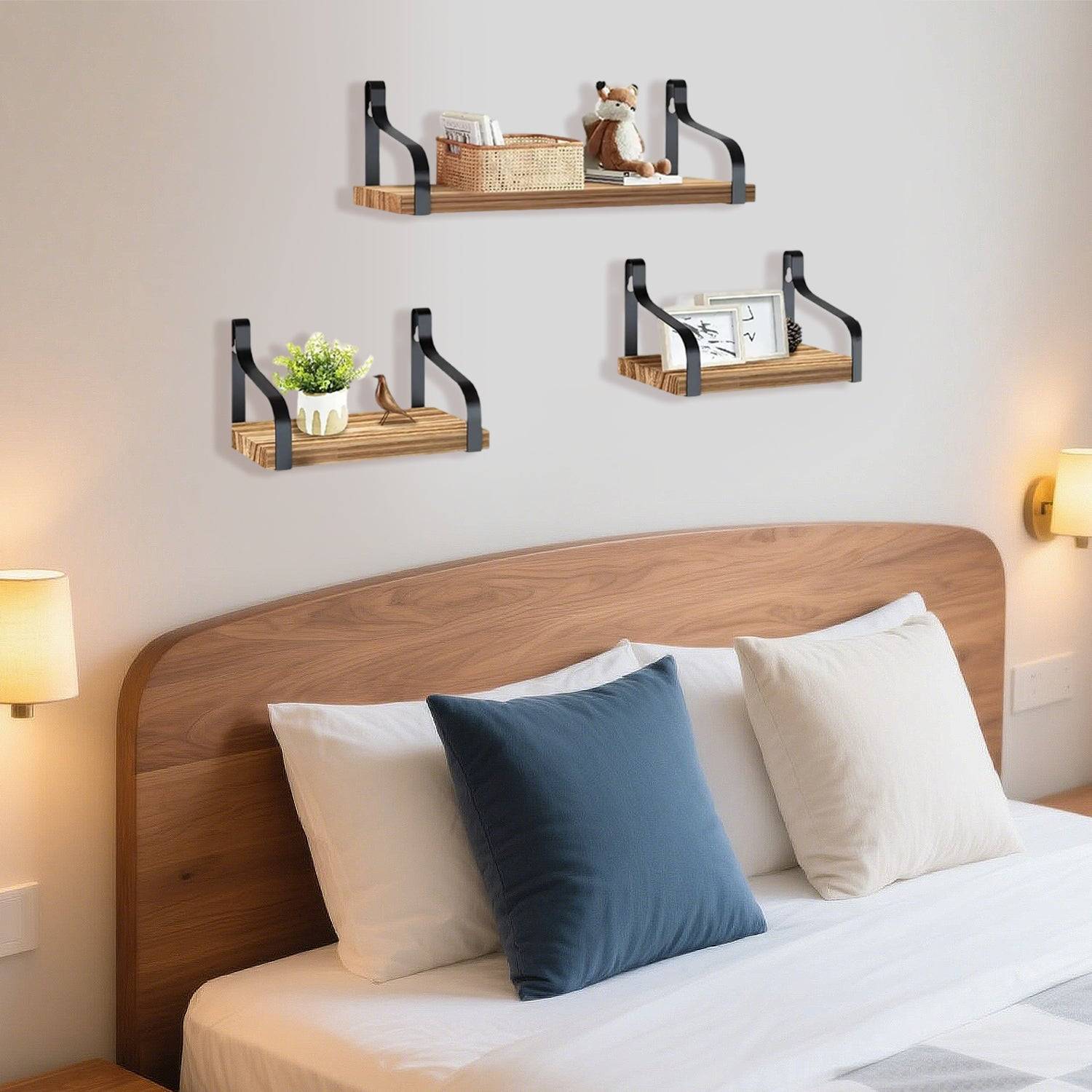Wooden Floating Shelves with Iron Wall Brackets Set