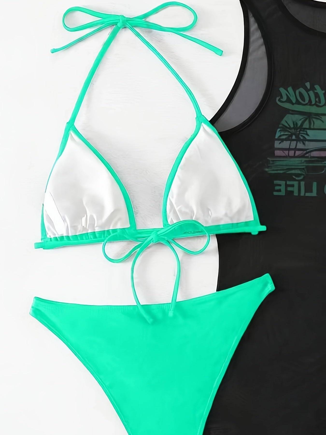 Detailed view of the inside of the Women’s Knot-Tie Bikini Set showing white lining and adjustable tie straps, next to black mesh cover-up.