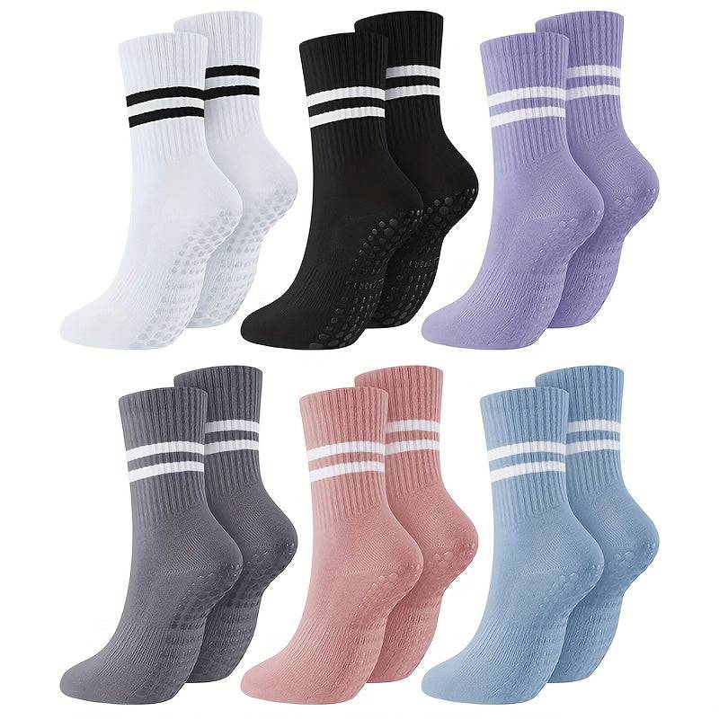 6 Pairs Women’s Anti-Slip Silicone Socks, Mid-Calf Ribbed Design with Double Stripes, Breathable Polyester Blend for Pilates, Dance and Floor Fitness