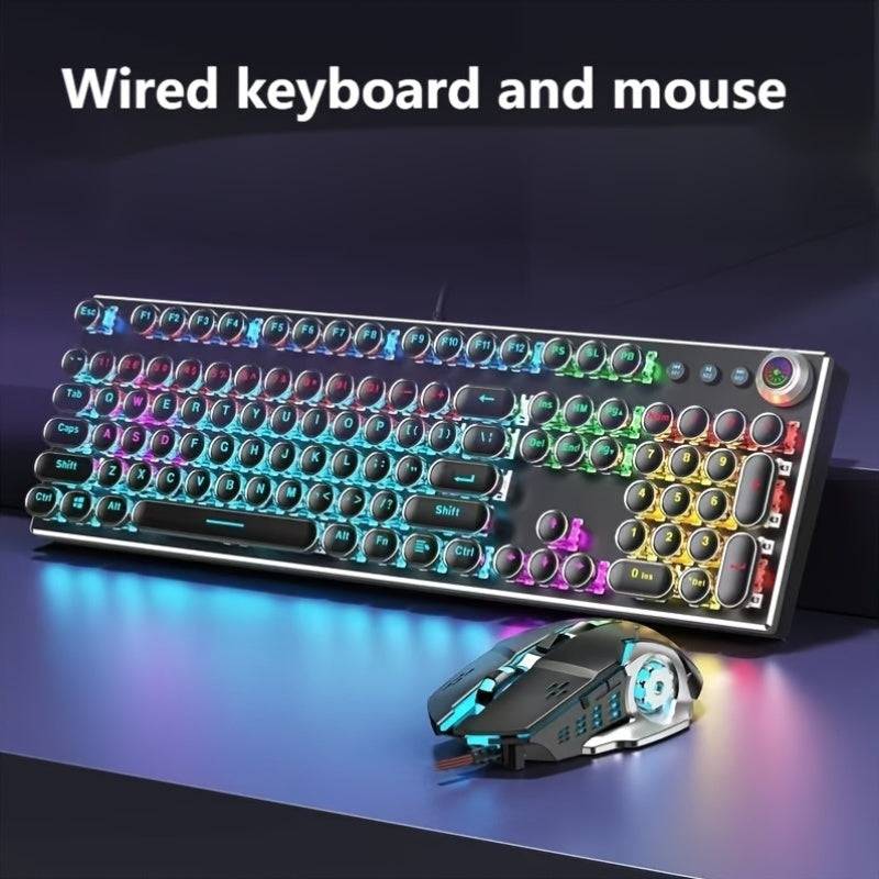 Typewriter-style mechanical gaming keyboard and mouse set with LED backlight, round keys, volume knob, dynamic lights