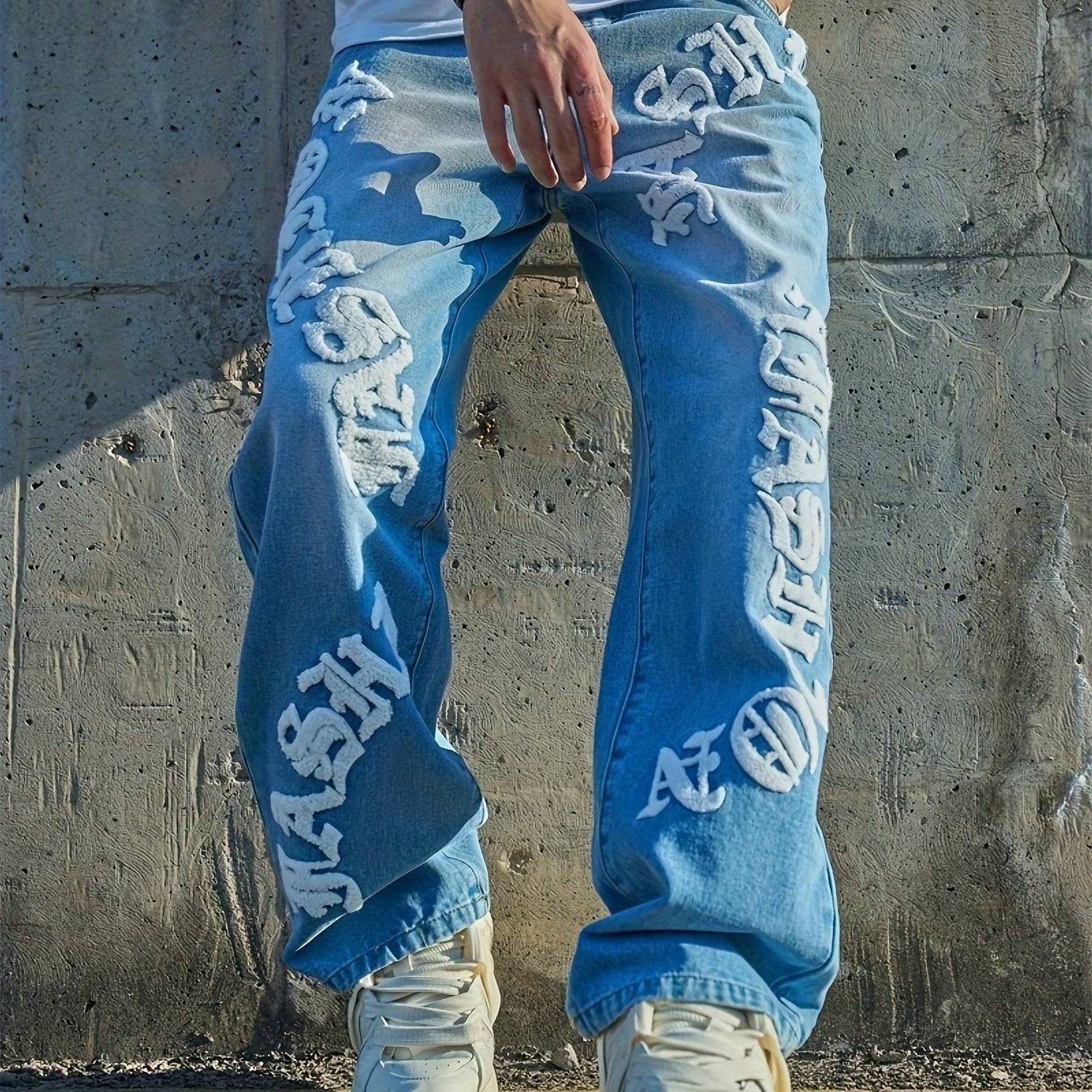 Men’s Loose Fit Jeans Light Blue Streetwear Style Straight-Leg Nonstretch Denim with Letter Print