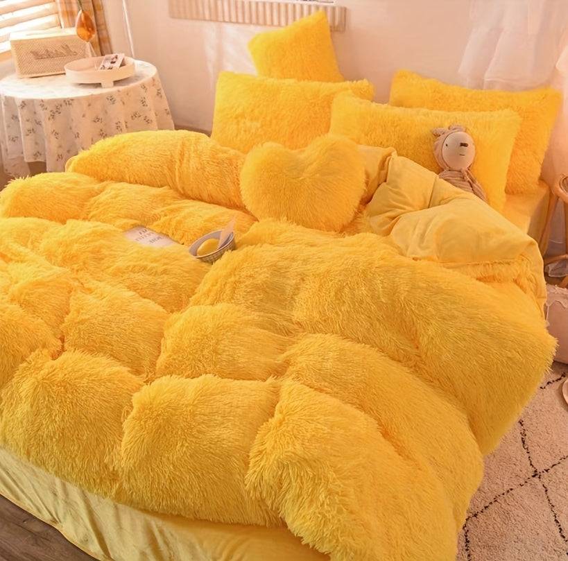4-Piece Fluffy Bedding Set, Soft Comforter Set with Duvet Cover, Bed Sheet and 2 Pillowcases, Queen/King Size