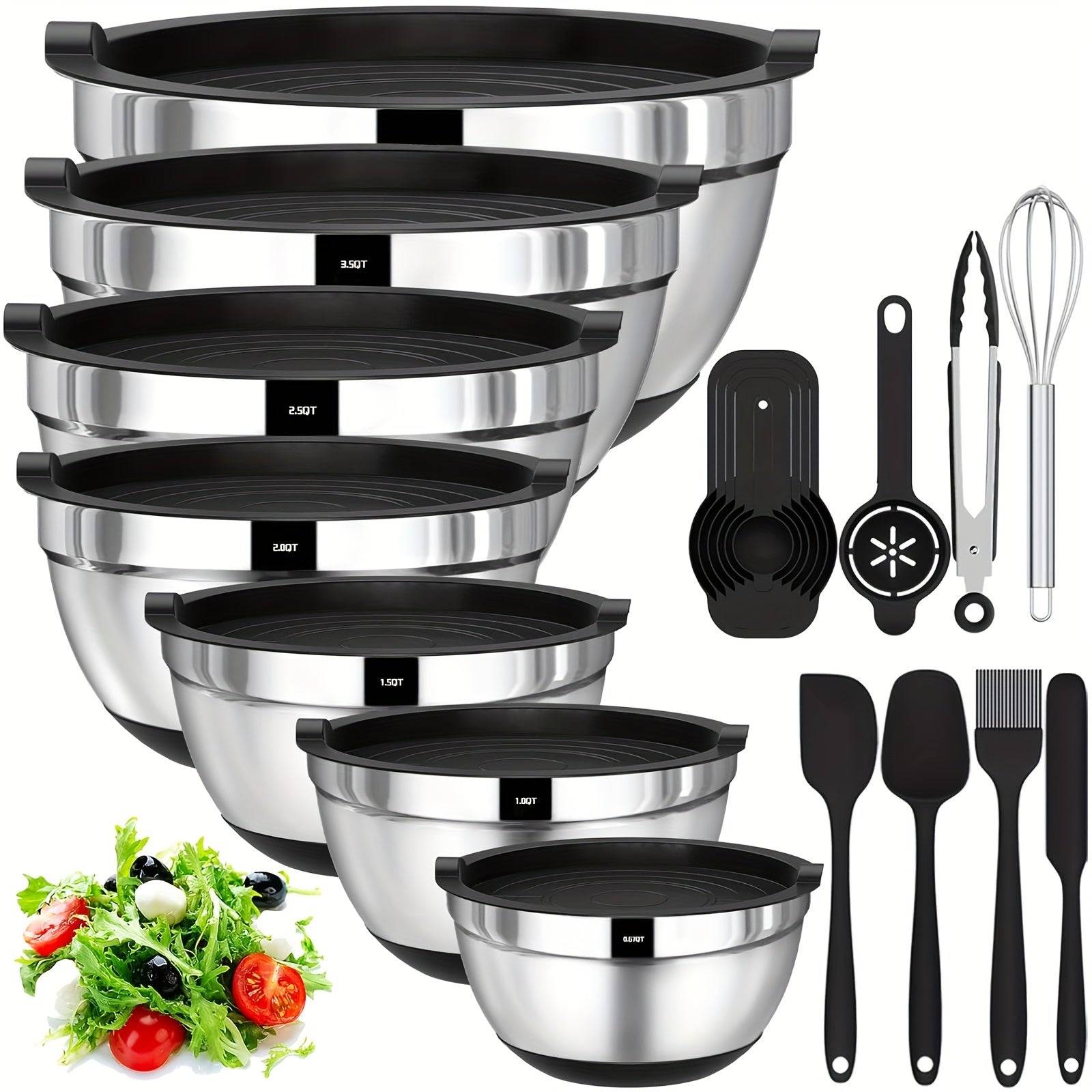 20pcs Stainless Steel Mixing Bowls Set with Lids Non-Slip Silicone Base Multiple Sizes for Baking, Serving & Prep