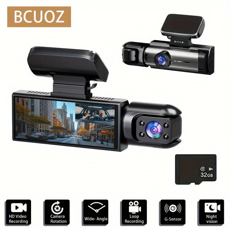 1080P dual dash cam with front and cabin cameras, IR night vision, loop recording, wide-angle lens, 3.16" IPS screen