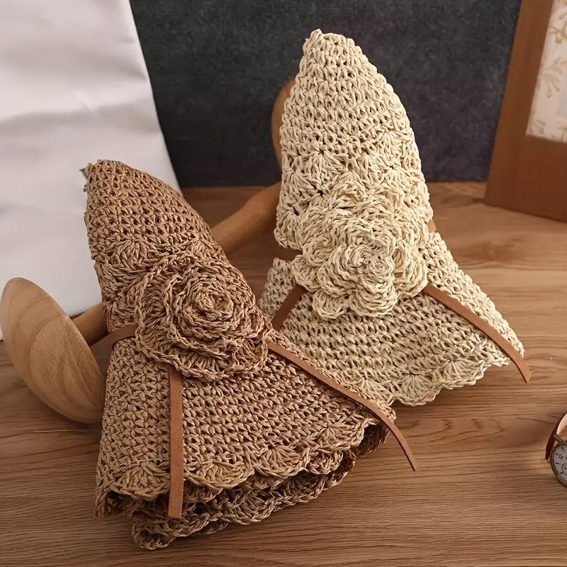 Women's breathable straw bucket hat with floral crochet detail, wide brim sun protection for outdoor and casual wear