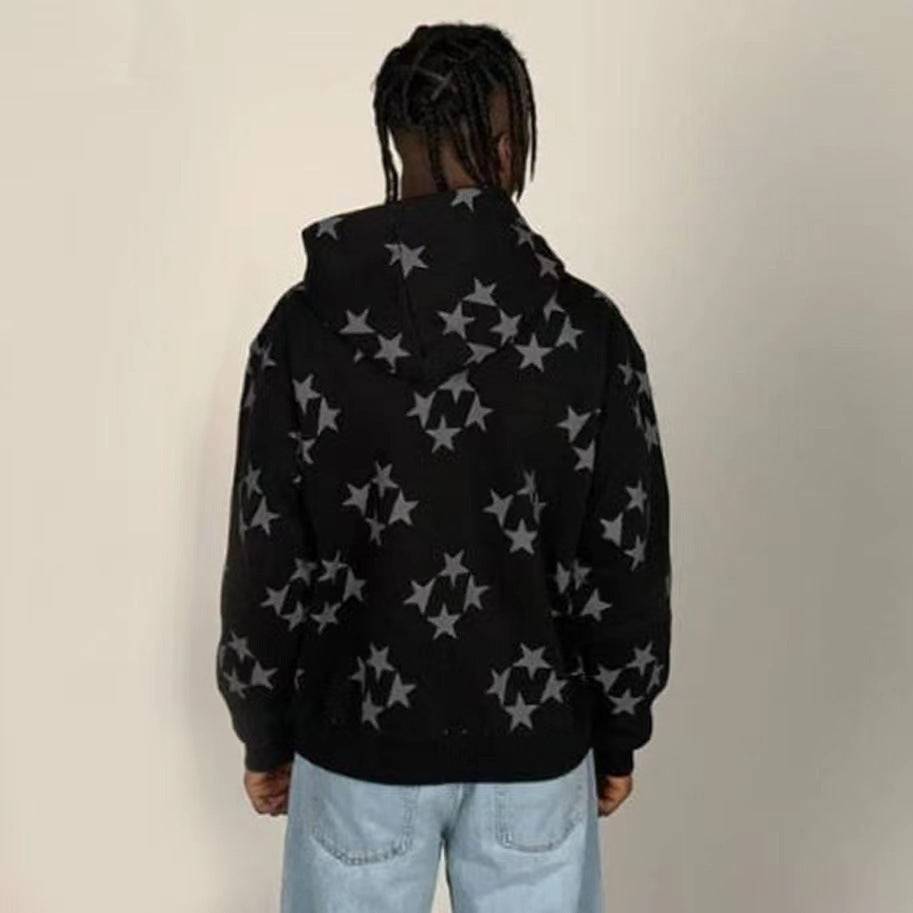 Stars Printed Zipper Hooded Cardigan Street Fashion Unisex
