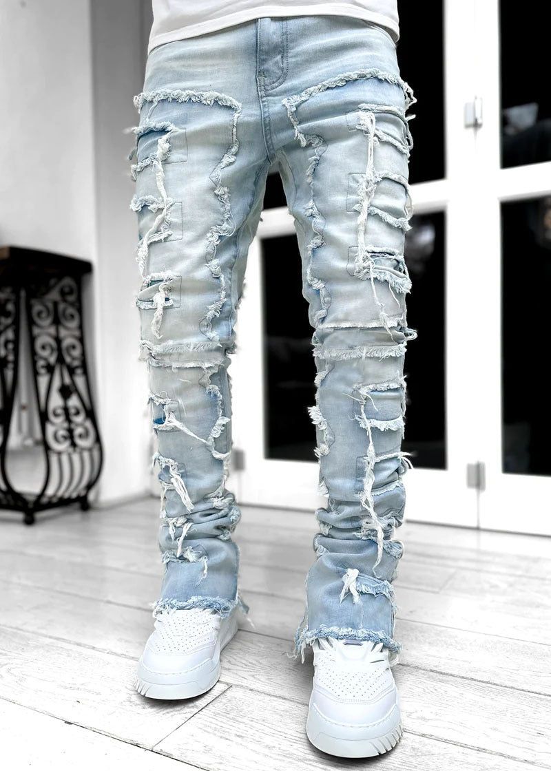Men’s Stacked Slim Jeans with Patchwork Cotton Denim