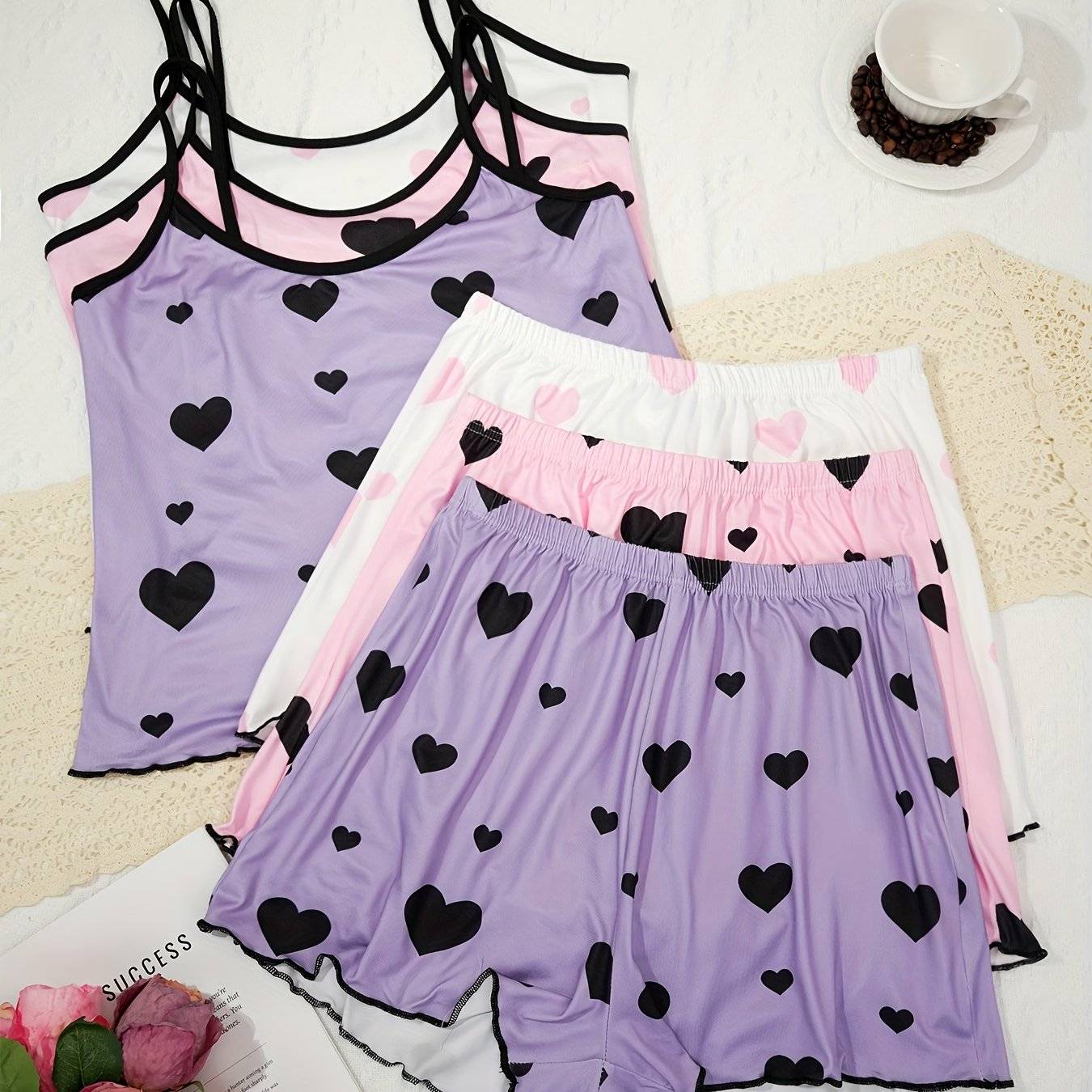 2-Piece Women's Pajama Set – Elegant Spaghetti Strap Top & Shorts in Smooth Polyester, Lightweight Sleepwear for Spring, Summer & Fall
