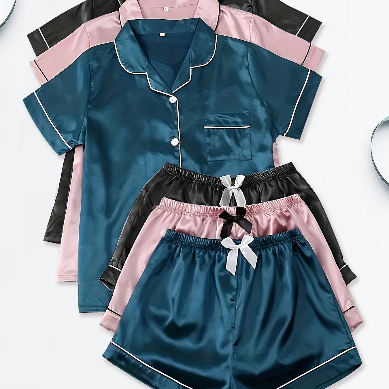 3-Piece Women's Satin Pajama Set – Short-Sleeve Lapel Top with Elastic Waist Shorts, Comfortable Loungewear for Home & Sleep
