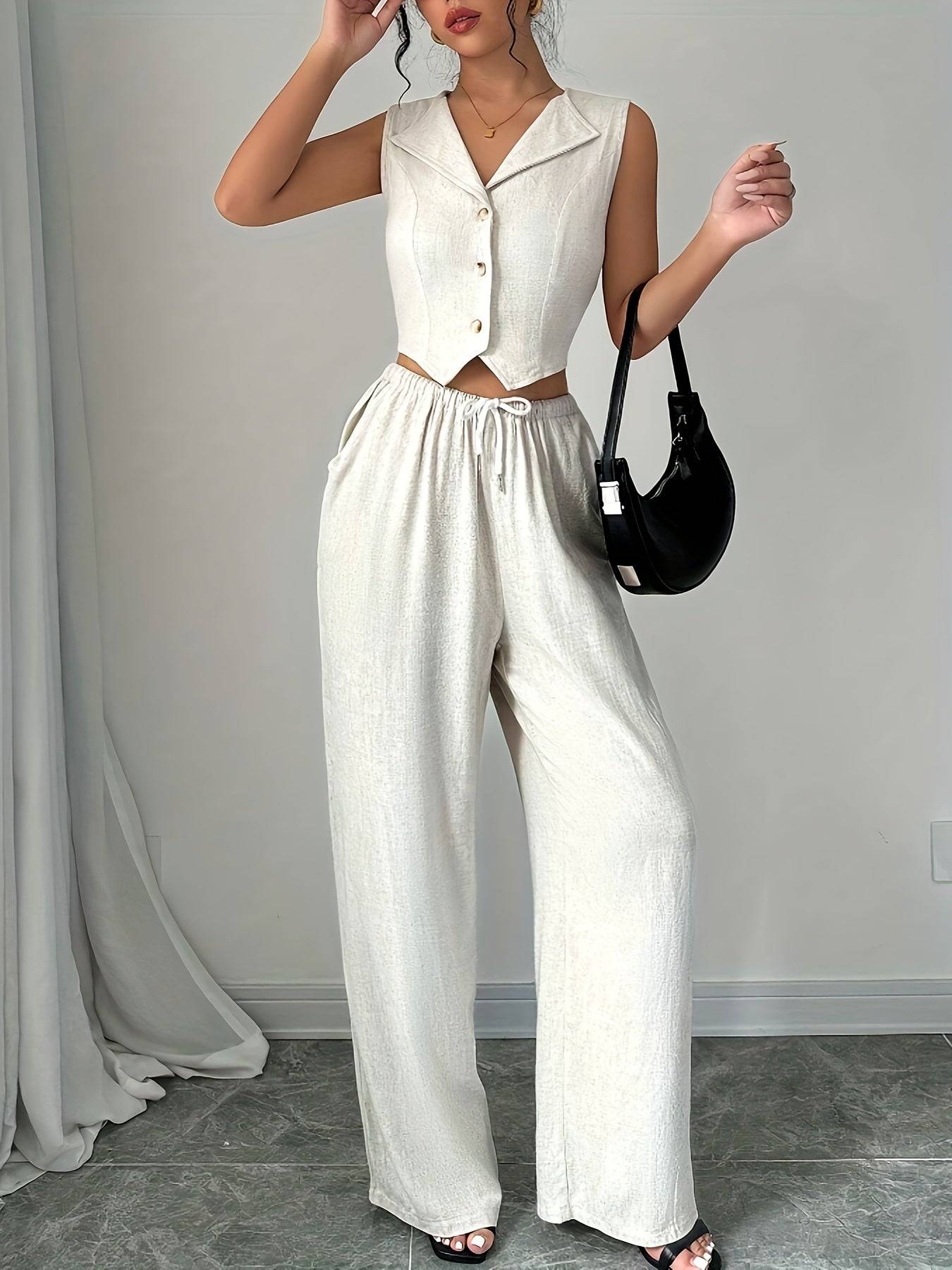 Women’s Two-Piece Set – Sleeveless Blazer Collar Top & Casual Pants for Work, Outings & Holidays