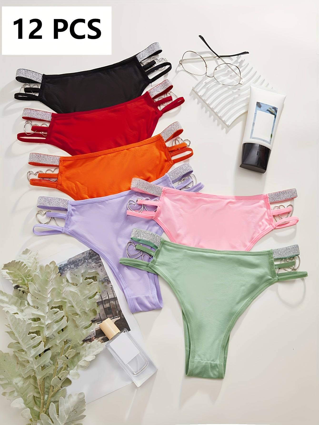 12-Pack Low-Rise Thongs with Chain Waist & Heart Cutouts – Soft, Breathable & Vibrant Underwear for Women