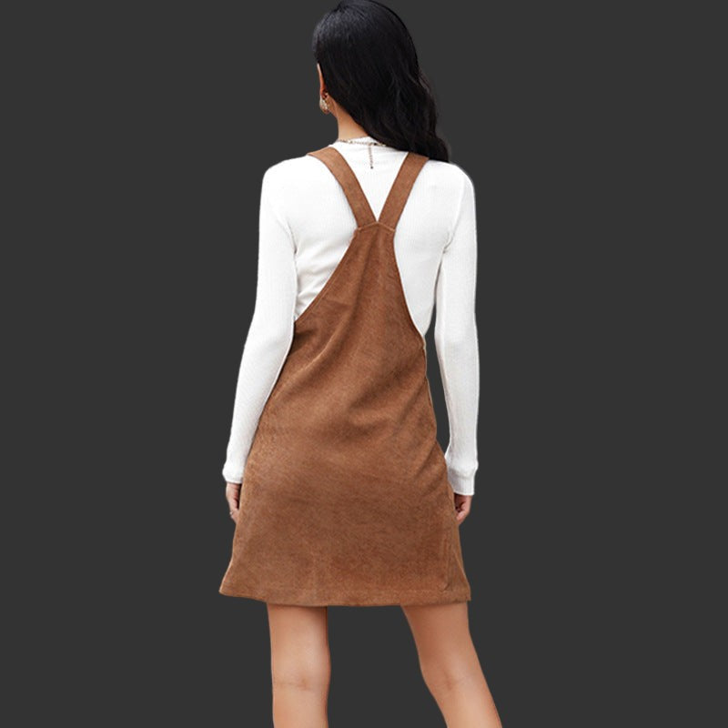 Women’s Retro Corduroy Strap Dress A-Line Pinafore Style Sleeveless Casual Outfit for Autumn and Winter