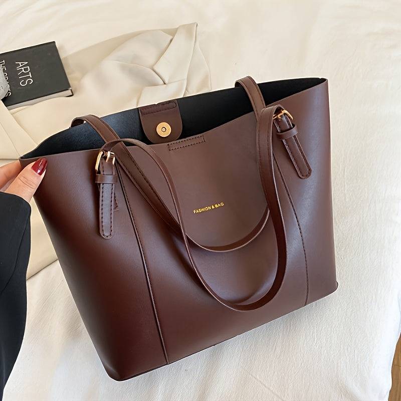 Women’s Large Shoulder Bag – Black & Gold Contrast, Adjustable Straps, Snap Closure, Minimalist Style