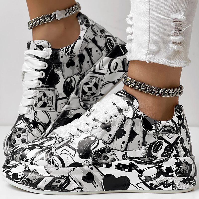 Geometric Print Sneakers With Lace Up Low Top Design