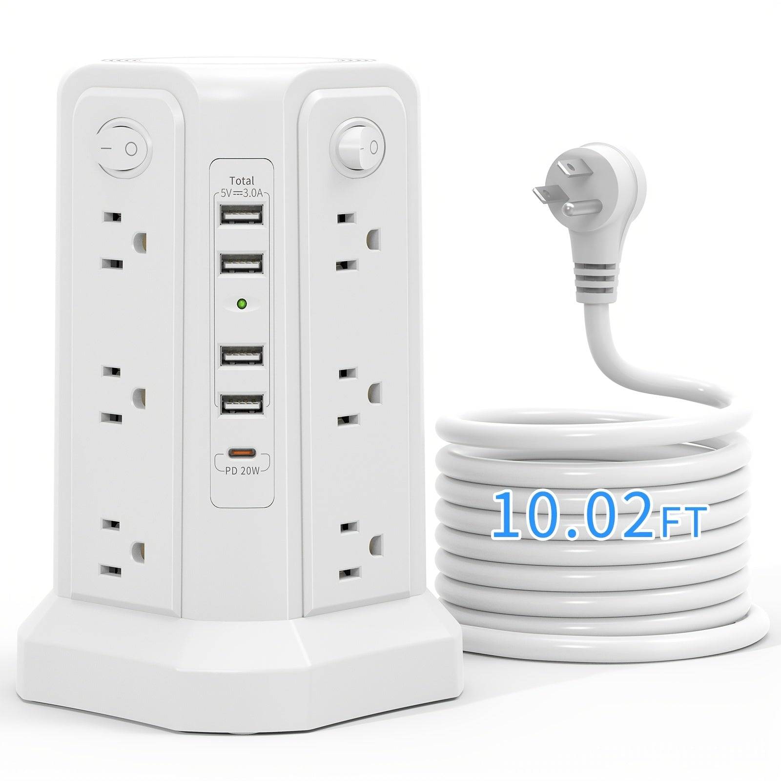 Power Strip Tower with 16 AC Outlets & 5 USB Ports Flat Plug Design with USB-C Surge Protector Extension Hub