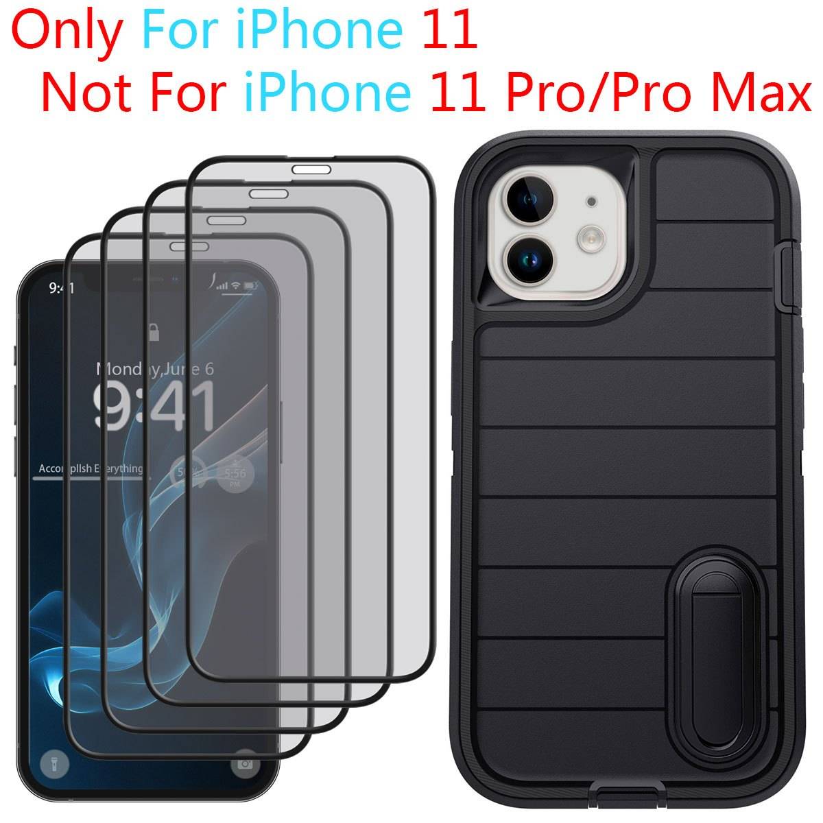 Shockproof 3-in-1 Heavy Duty Case for iPhone 11 with Kickstand, Rugged Protective Cover and 4-Pack Full Coverage Tempered Glass Screen Protectors