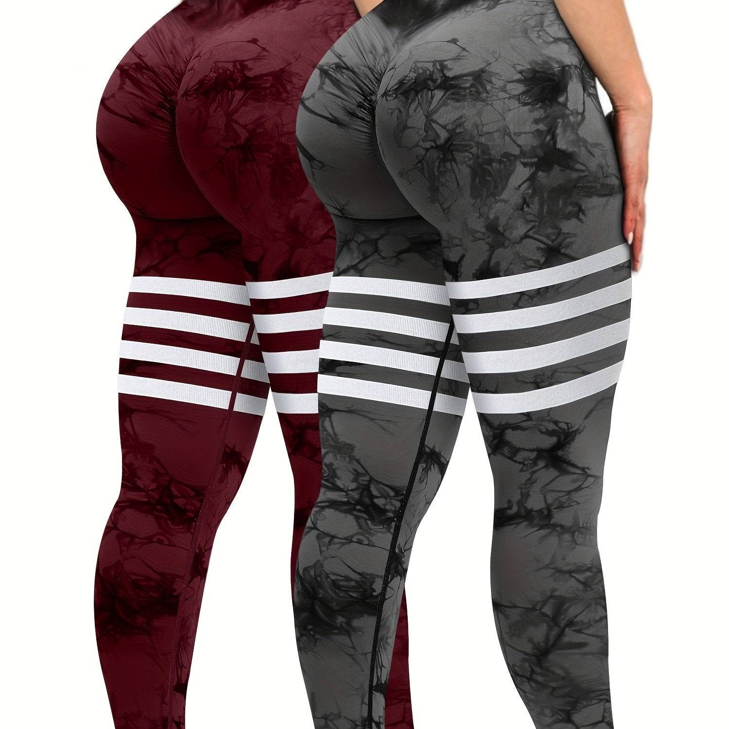 2-Pack Women's High-Waisted Tie-Dye Leggings, Striped Scrunch Butt Lifting Seamless Compression Pants for Gym and Workout