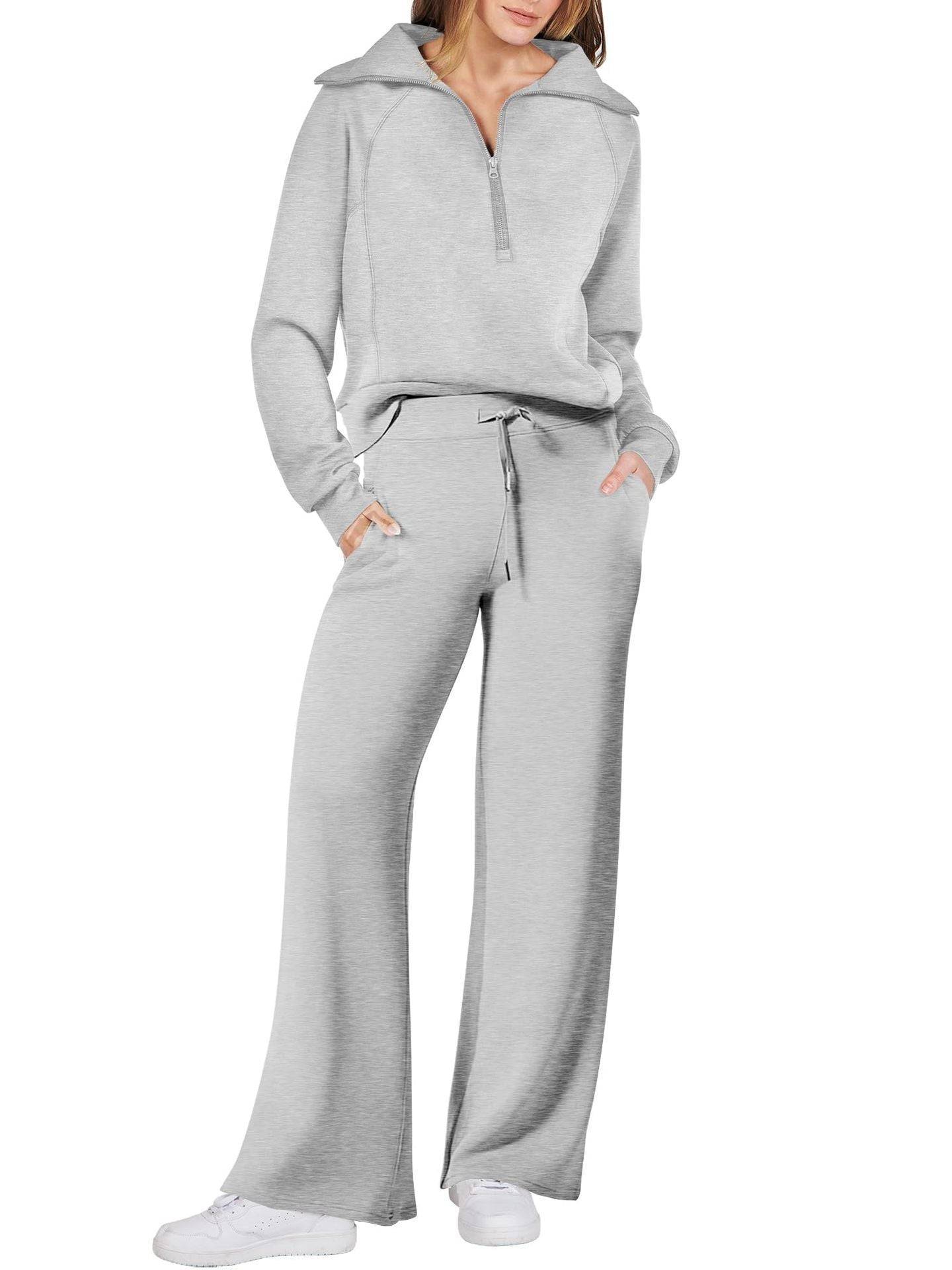 Two Piece Set Zip Sweatshirt Wide Leg Pants Suit