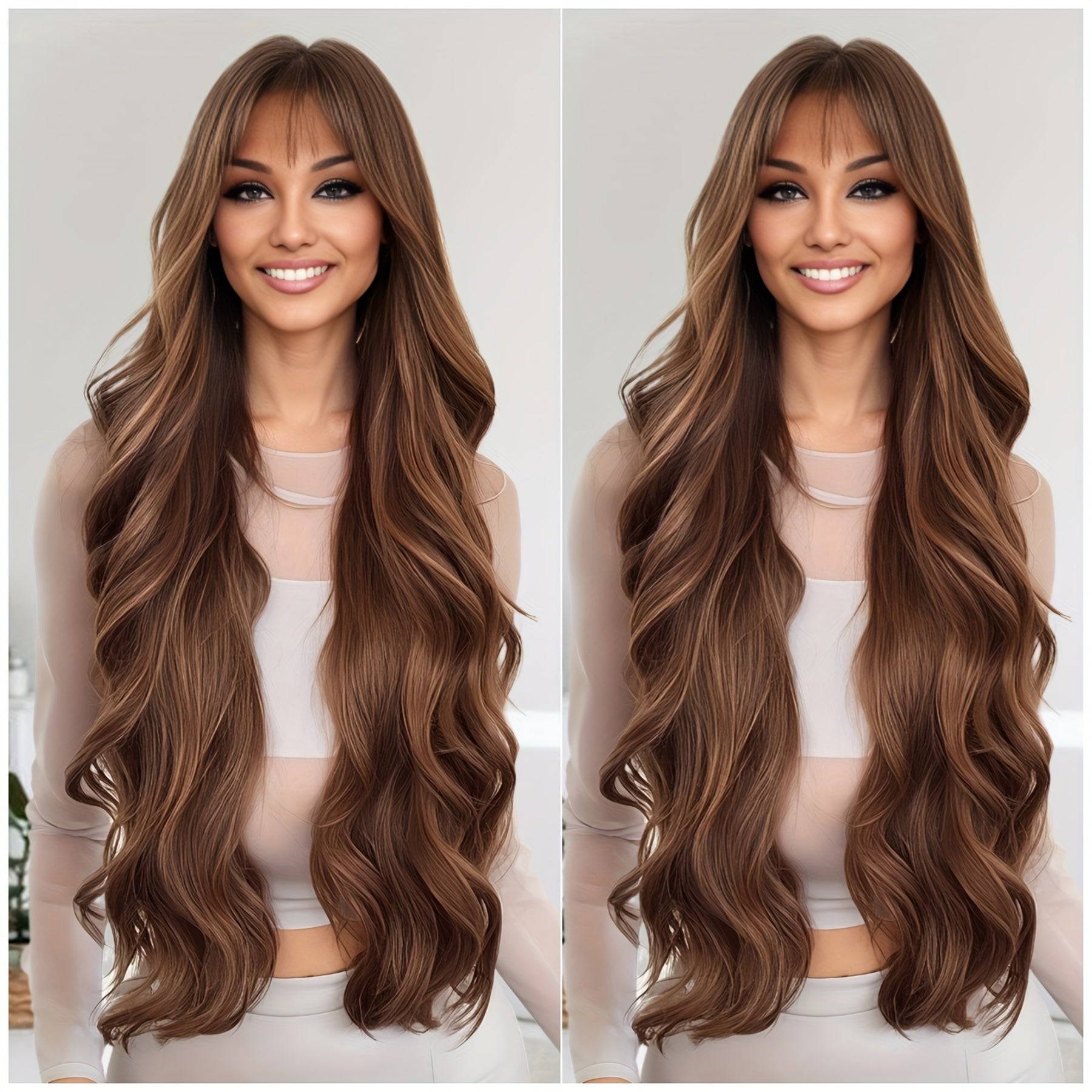 Synthetic Wig for Women Heat-Resistant Long Beach Waves with Blunt Bangs Voluminous Curly Hairpiece with Adjustable Cap for Weddings, Parties & Daily Wear