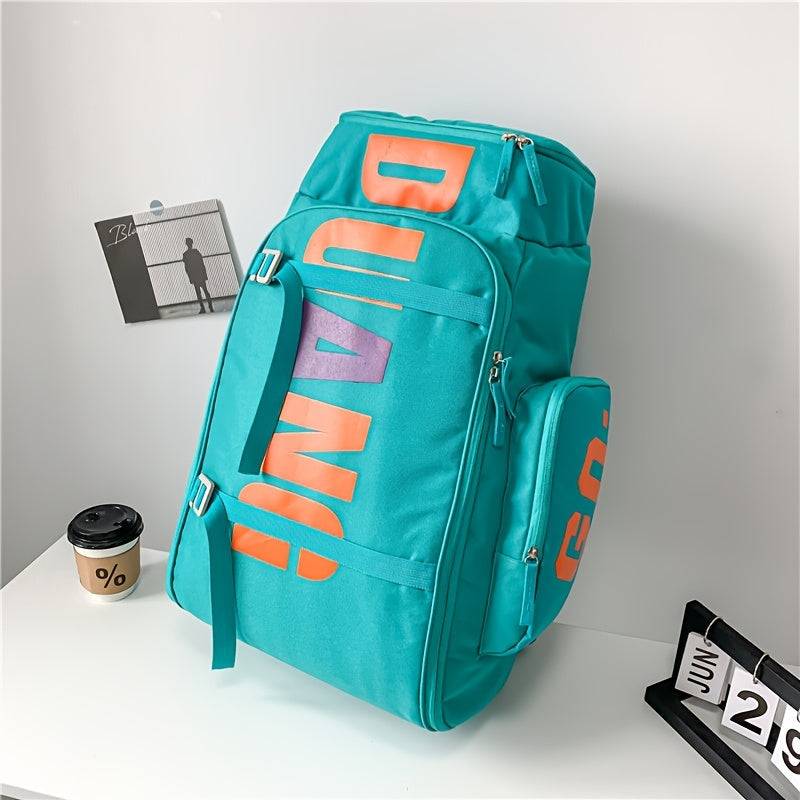 Teal large travel backpack with colorful DUANI print, featuring side pockets, durable Oxford fabric, and adjustable shoulder straps.