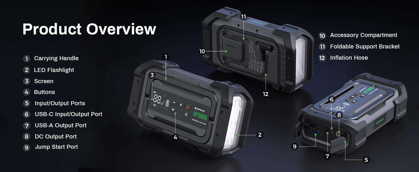 Jump Starter 3000A Portable with Air Compressor