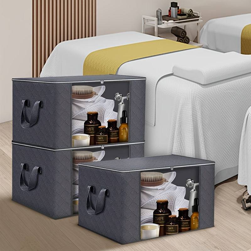 3-Pack Large Capacity Foldable Storage Bins, Grey Woven Fabric Boxes for Bedroom, Dorm, Wardrobe or Under-Bed Organization