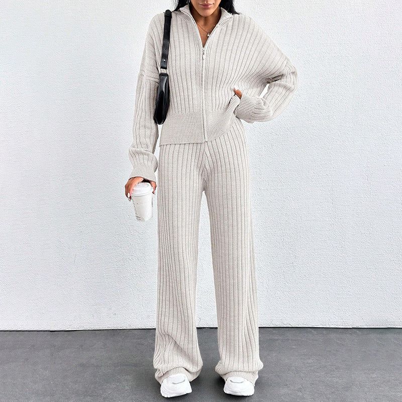 Women's Casual Two-Piece Set for Fall and Winter, Loose Fit Zip-Up Top and Pants