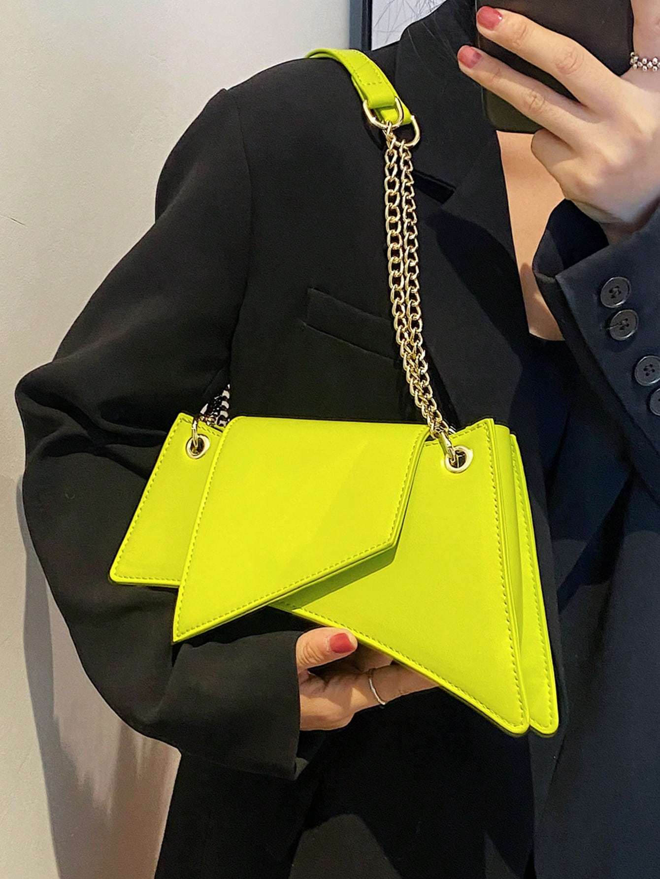 Neon Green Tote Bag PU Leather Chain Stone Pattern Purse