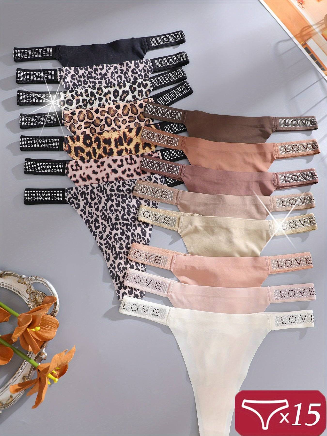 5-Pack Women's Ice Silk Thongs, Leopard Print and Solid Color Low-Rise V-String Panties with Diamond Cut-Outs, Soft and Comfortable