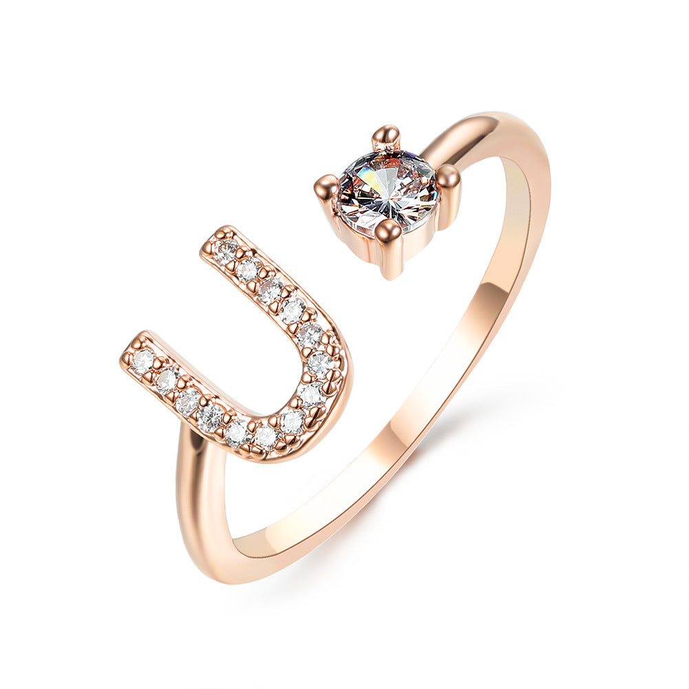 Anillo de letra ajustable con circonitas y diseño inicial de 26 para mujer