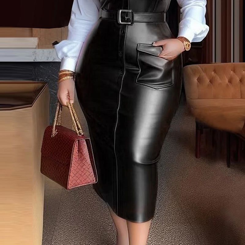 Women’s V-Neck Long Sleeve Shirt Dress Faux Leather Trim
