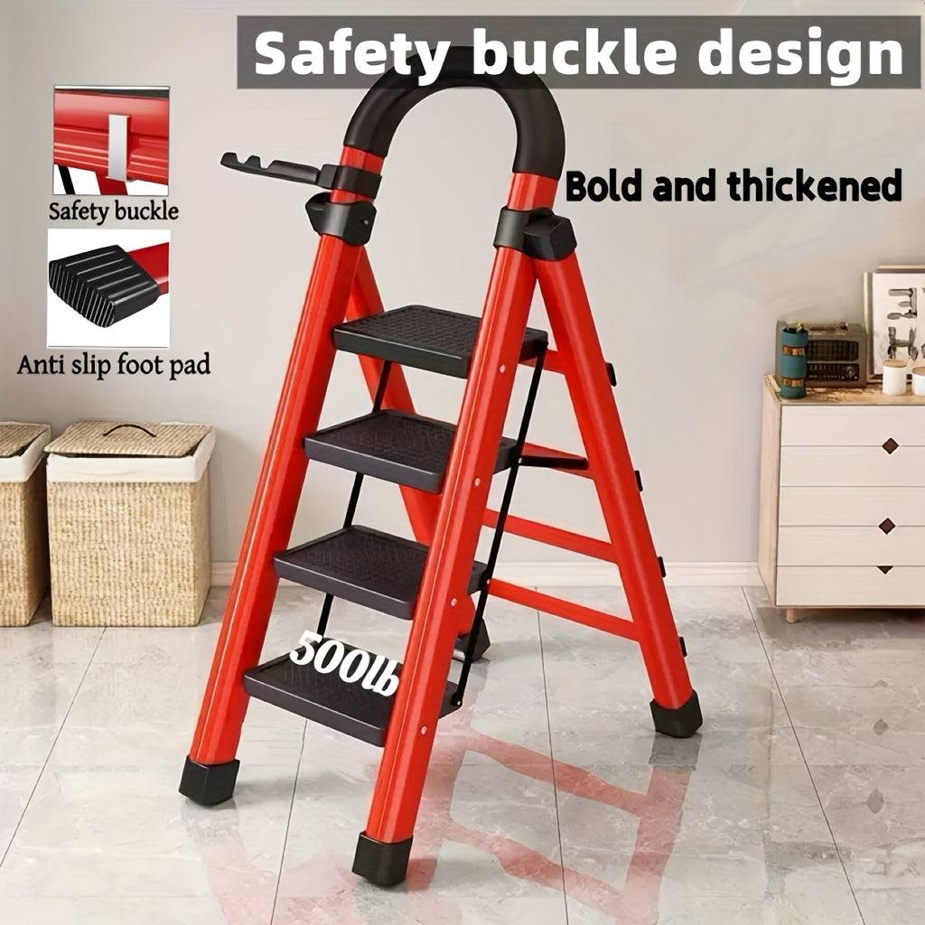 Heavy-Duty Folding Ladder 500 lbs Capacity, Steel Step Stool with Anti-Slip Pedals, Safety Buckle and Non-Slip Foot Pads for Home Use