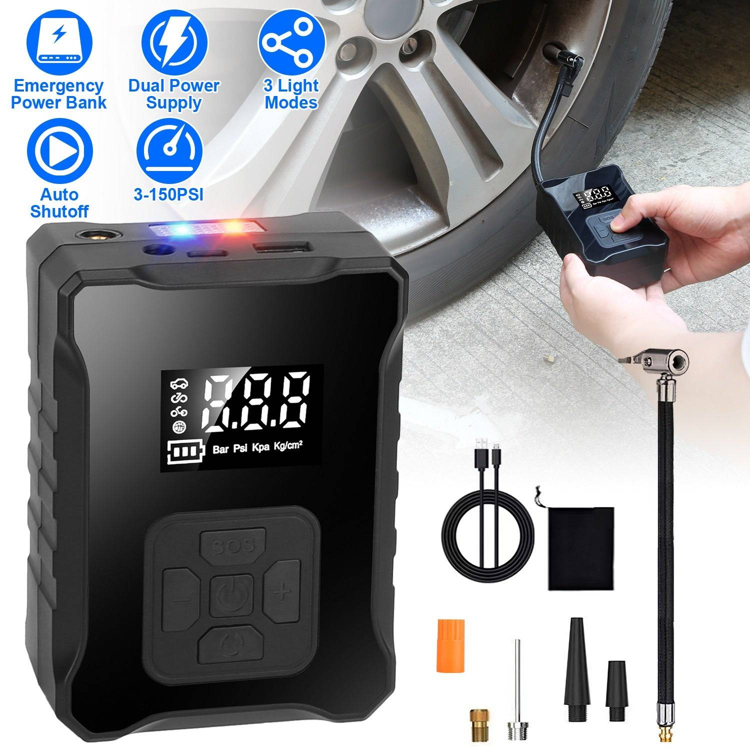 Tire Inflator 150PSI Cordless Air Pump with LED