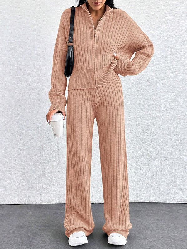 Women's Casual Two-Piece Set for Fall and Winter, Loose Fit Zip-Up Top and Pants