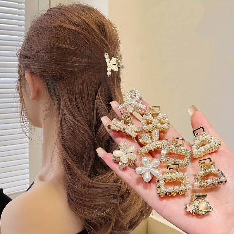 Women's 5-Piece Boho Hair Claw Clip Set, Small Alloy Clips with Faux Pearls and Rhinestones, Non-Slip Strong Grip for Daily Wear and Parties