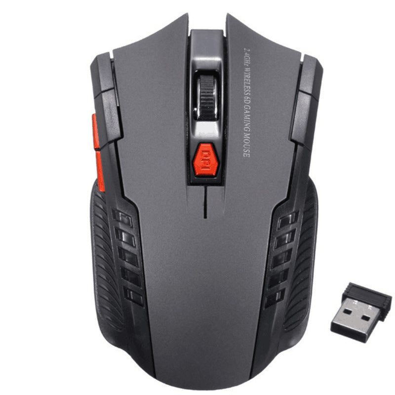 Gray wireless mouse with USB receiver and adjustable DPI, built for ergonomic comfort and gaming precision in computer accessories.