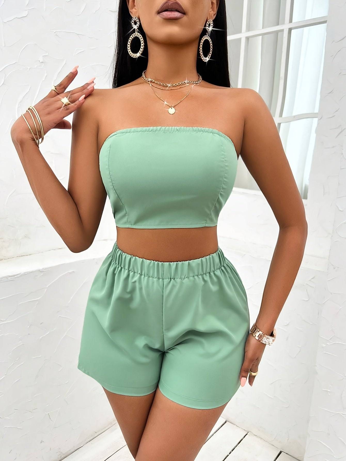 Women’s Three-Piece Set Strapless Top, Shorts & Jacket with Green Fruit Collar Solid Color Casual Wear