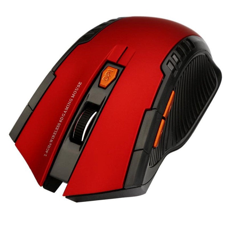Red ergonomic wireless mouse with optical sensor and DPI adjustment, designed for gamers and tech enthusiasts in electronics category.