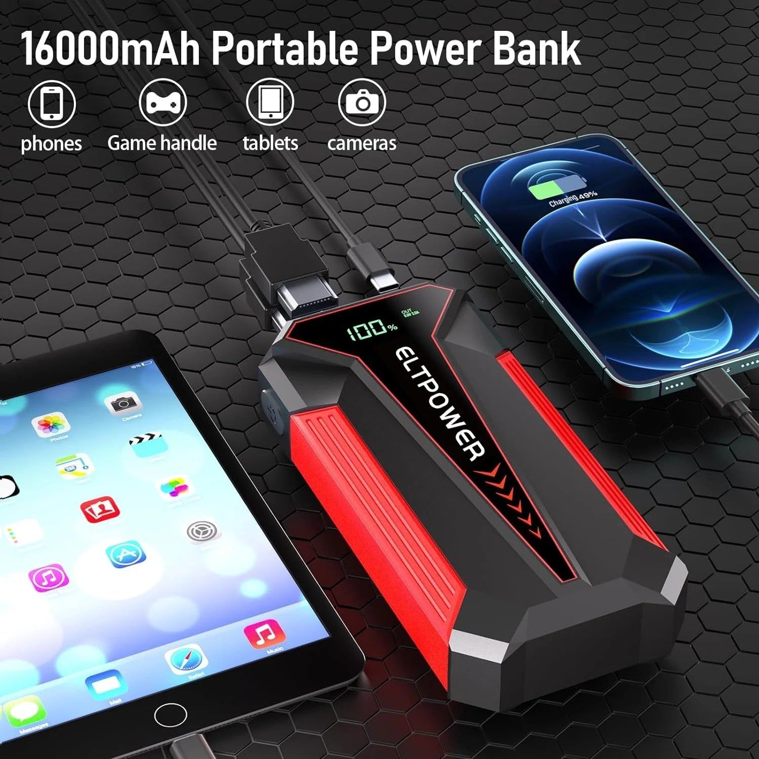 Portable Car Battery Jump Starter 2000A 4 In 1 Power Bank