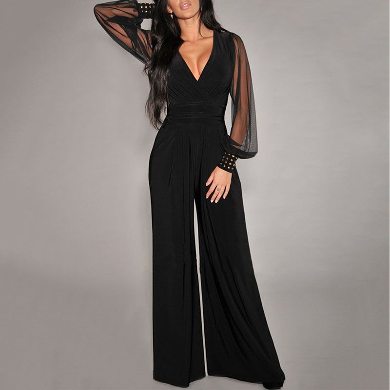 Mesh V Neck Jumpsuit with Wide Leg Silhouette
