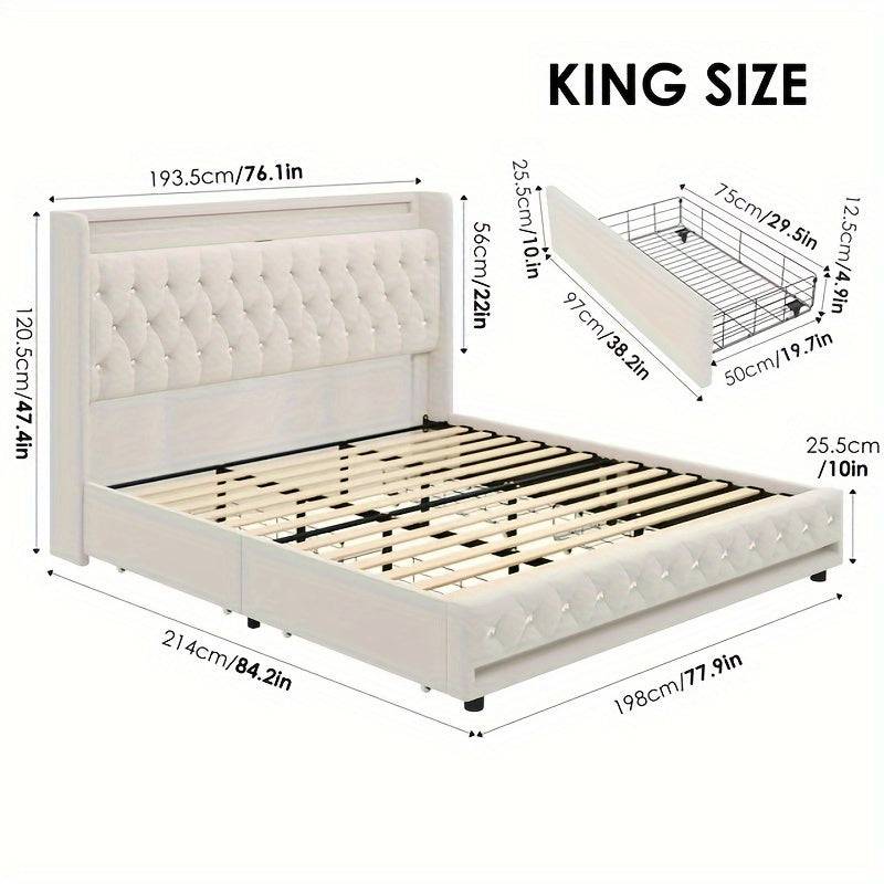 FULTRU Bed Frame with 4 Storage Drawers, LED Velvet Platform with USB Ports and Tufted Wingback Headboard