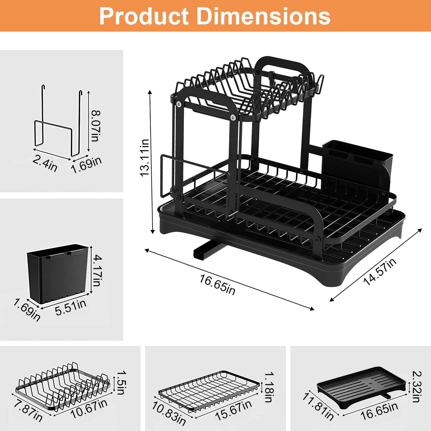 Space Saving 2 Tier Dish Drying Rack with Drain