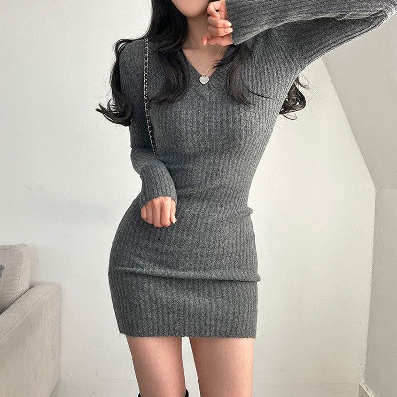 V Neck Bodycon Mini Dress With Long Sleeves And Stretch