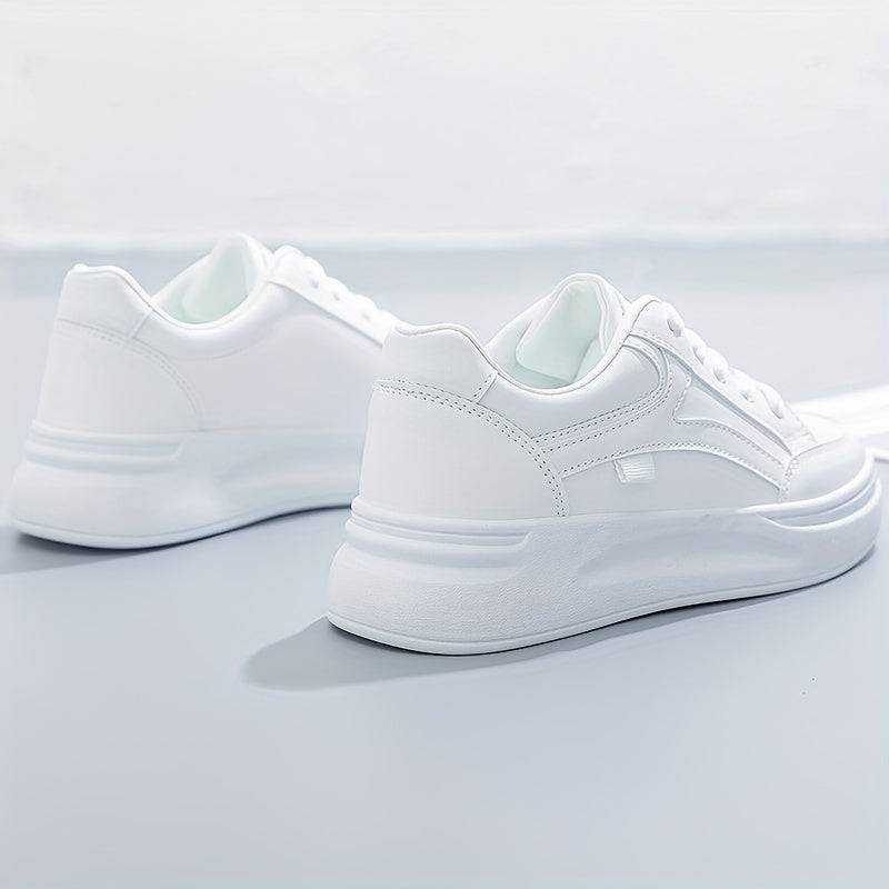 Women’s All-Season Lace-Up Sneakers – White Casual Shoes with Round Toe, Thick Platform Sole & Durable PVC Outsole