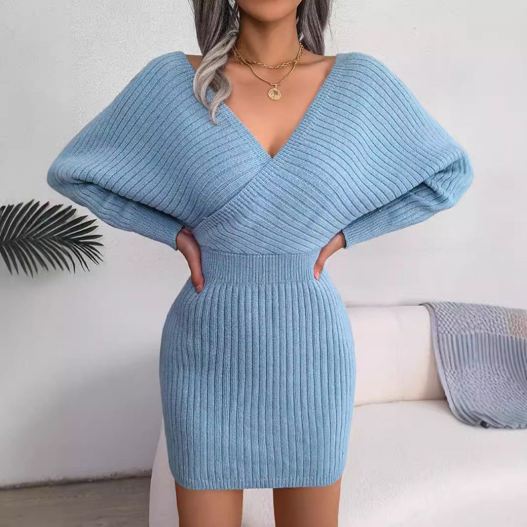 Dress Acrylic Bodycon Mini Cross V Neck Batwing Sleeve