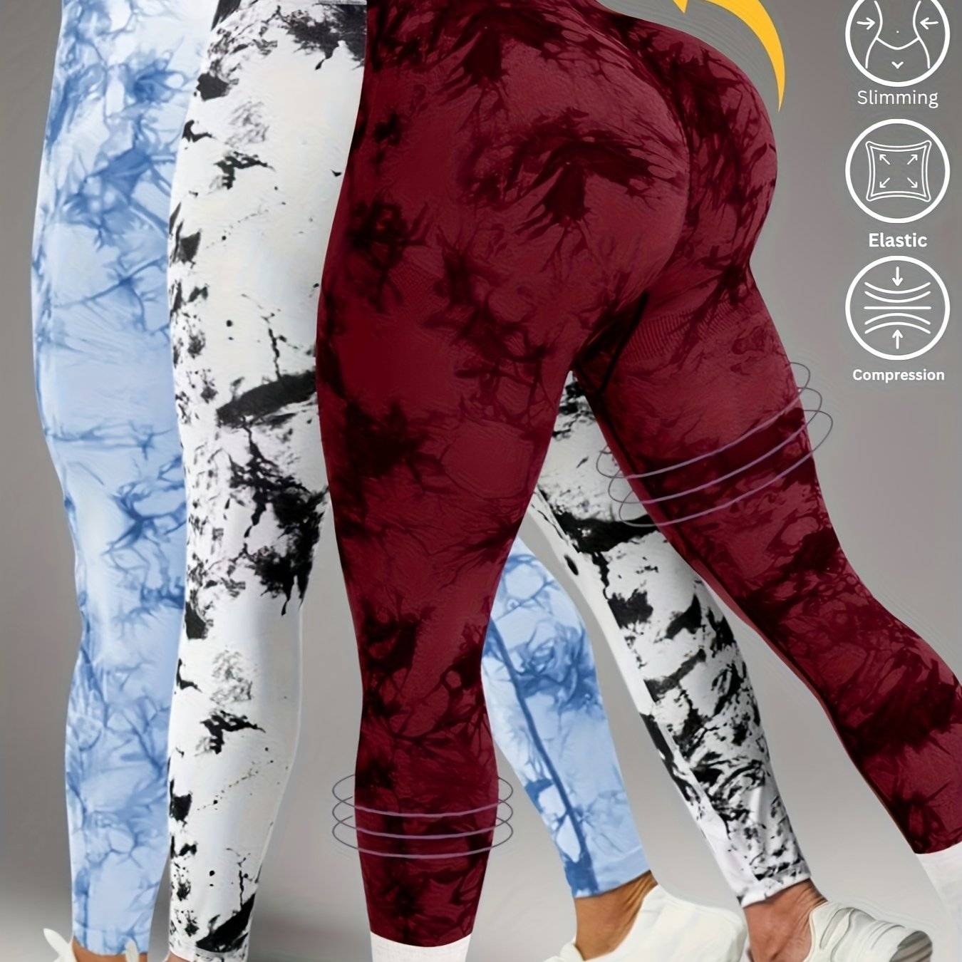 3-Pack Women's High-Waisted Tie-Dye Leggings, Seamless Butt-Lifting Tummy Control Pants with Wide Waistband, Compression Fit for Gym and Daily Wear
