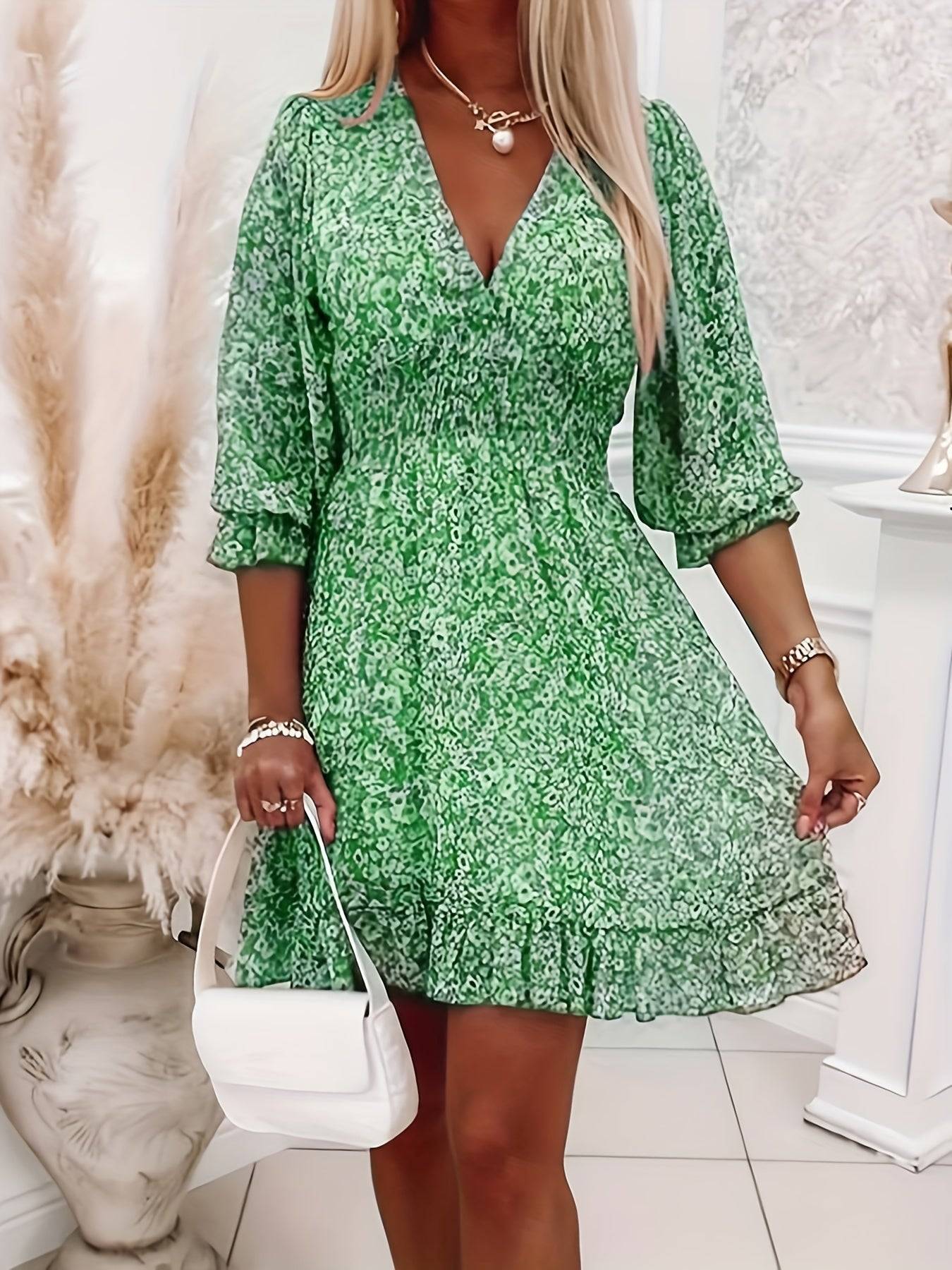 Floral V Neck Dress with Ruffle Sleeves