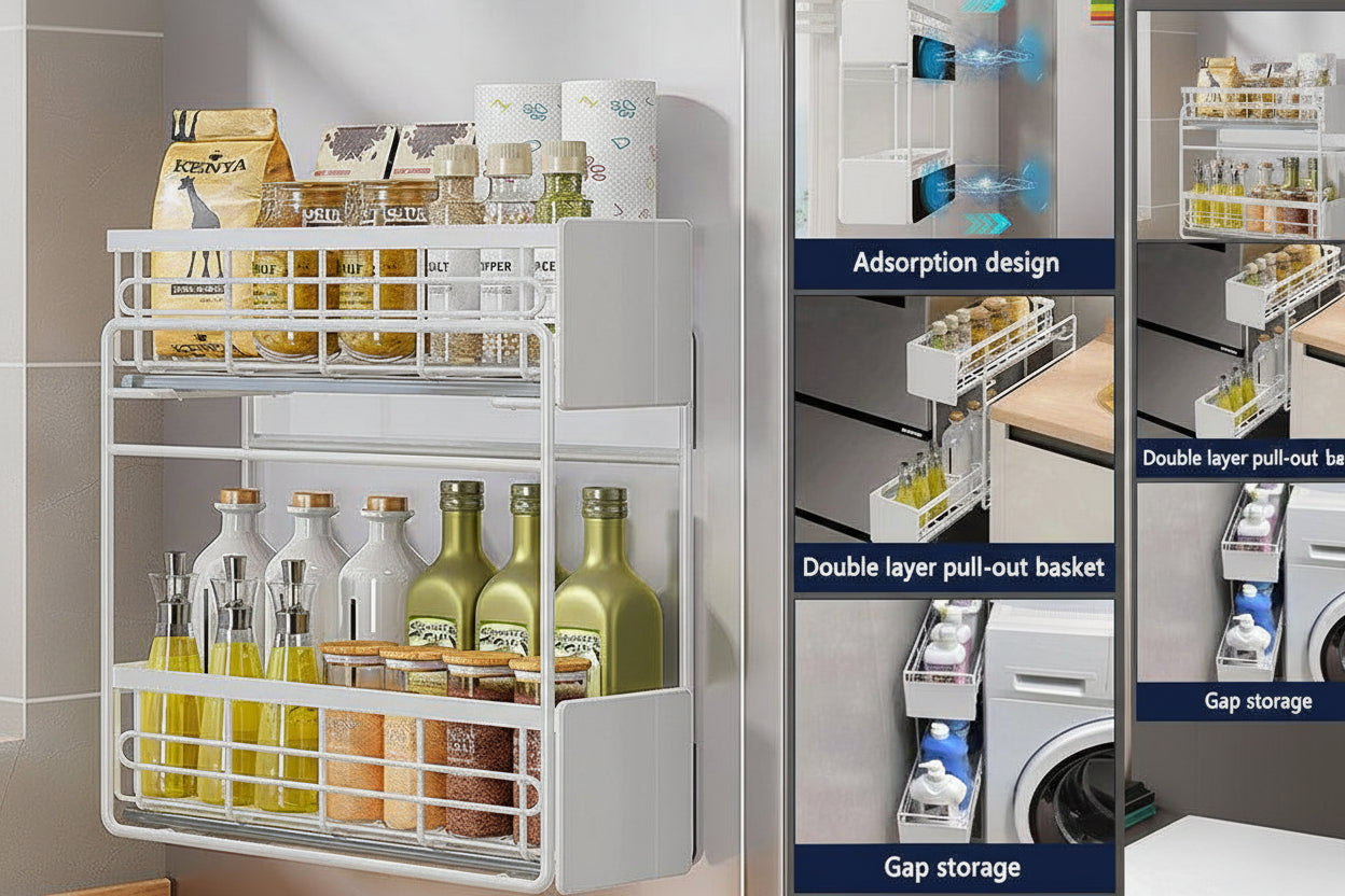 Magnetic Double Layer Storage Rack for Refrigerator Washer