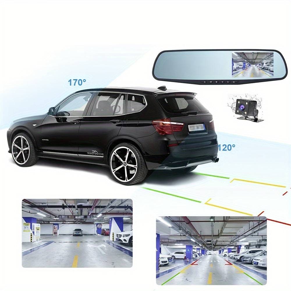 4.3" HD Rearview Mirror Dash Cam 1080P Front & Rear Cameras with Wide-Angle Night Vision Full Touch Screen, 32GB Card & Easy Installation for All Vehicles